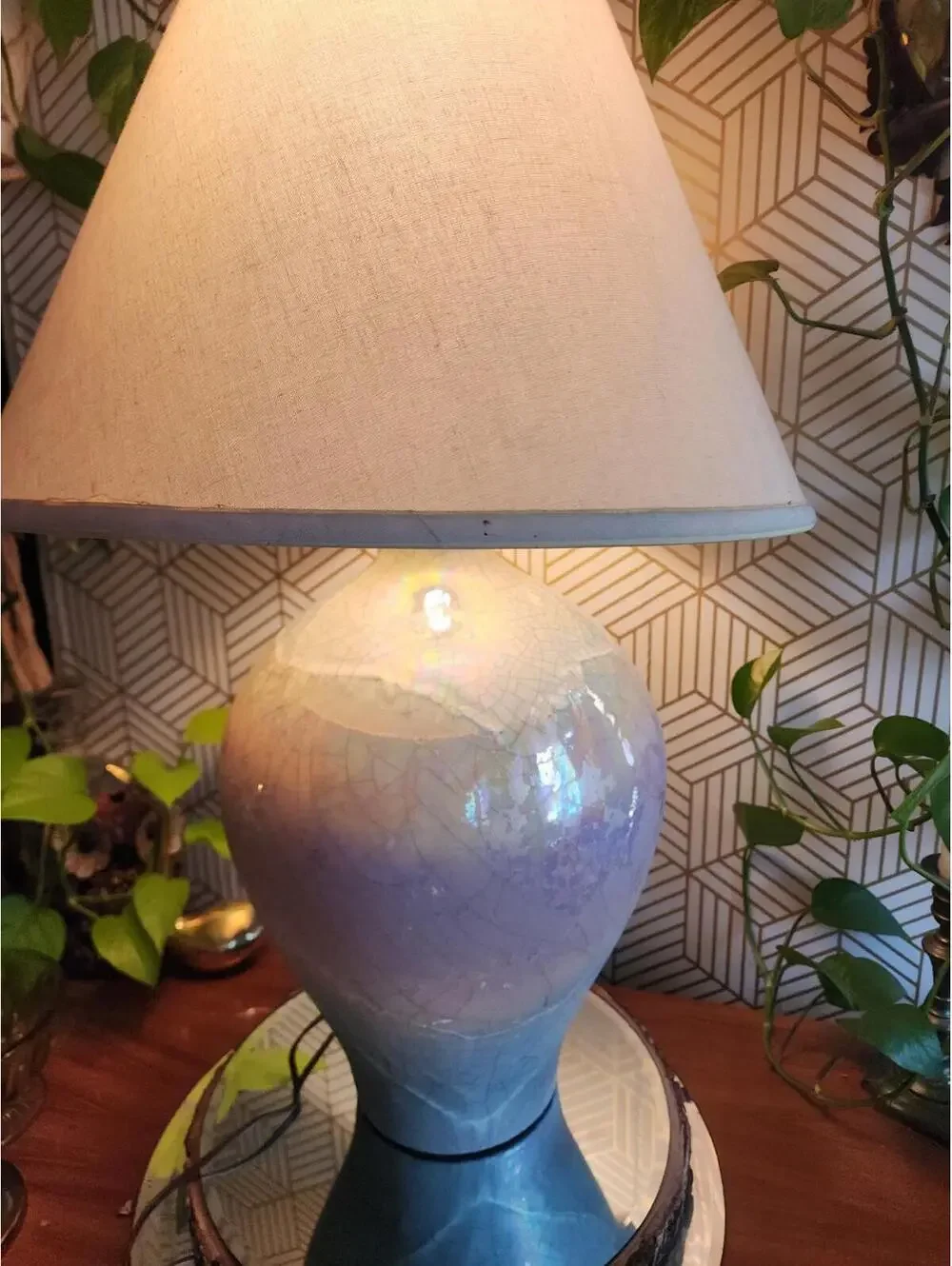 1980s Raku Glazed Ceramic Rainbow 3 way Table Lamp Made by Sunset Lamp Company